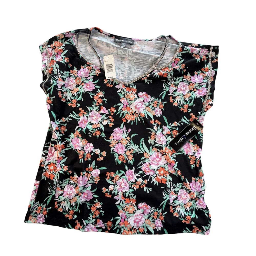 Thomas & Olivia Shirt Womens Medium Black Floral Rhinestone Jersey Tee Top